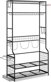 Organizador equipamento desportivo com rodas 132 x 40,5 x 194 cm, estrutura metálica, 4 ganchos e suporte adicional para 3 sacos de golfe e acessórios