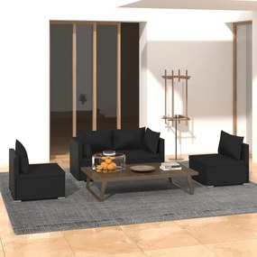 vidaXL 4 pcs conjunto lounge de jardim c/ almofadões vime PE preto
