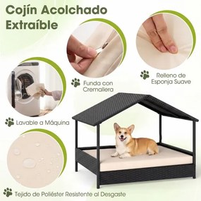 Cama de rattan para cães com toldo de rattan, para jardim 98 x 69 x 74 cm, Suporta 60 kg Almofada removível para interior e exterior Bege e preto