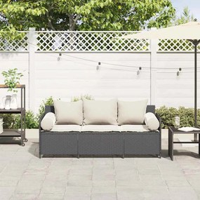 Sofá de jardim 3 lugares com almofadões vime PE preto