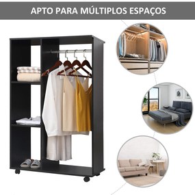 Guarda roupa de Madeira Móvel Armário Roupeiro Aberto com Barra para Pendurar e 3 Prateleiras Organizadoras 80x40x128 cm Preto