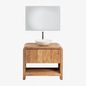 Conjunto De Móvel De Casa De Banho Em Madeira Vacry Castanho Acácia & Cimento Redondo Branco Ø40 Cm Zavion & Led Retangular E Anti-embaciamento 100x70