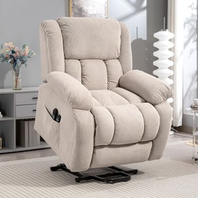 Poltrona elevatória elétrica com massagem e aquecimento, apoio para os pés, encosto reclinável, comando à distância e bolso lateral bege