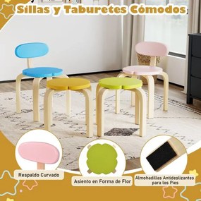 Conjunto de mesa infantil em forma de flor com 2 cadeiras e 2 bancos coloridas e arrumação debaixo da mesa de madeira para atividades artísticas e man