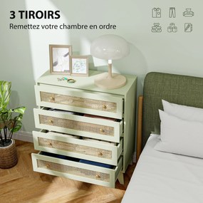 Cómoda com 4 gavetas 80 x 35 x 95 cm, móvel de arrumação em vime com efeito de madeira clara, verde