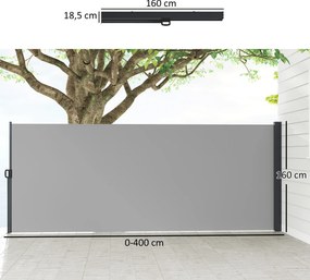 Toldo lateral com proteção contra olhares indiscretos, retrátil, dim. 4,00 m (L) x 1,60 m (A), em alumínio. Poliéster anti-UV de alta densidade, 180 g