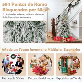 Árvore de Natal com neve 180 cm com luzes incorporadas 250 luzes LED brancas quentes 594 pontas de PVC e PE Verde e Branca