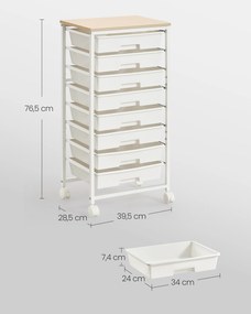 Carrinho com gavetas, 8 níveis, 39,5 x 28,5 x 76,5 cm Branco