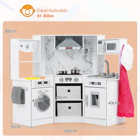 Cozinha Brincar de madeira para crianças 102 x 51 x 85 cm com luzes e sons, exaustor iluminado, sistema de água com dispensador e máquina de lavar par