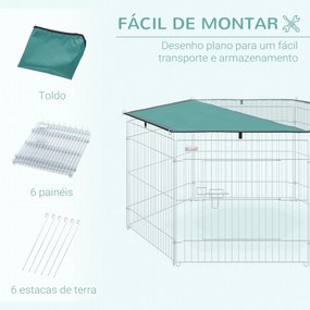PawHut Parque para Animais de Estimação com 6 Painéis 59x60cm Dobrável Cerca para Animais de Estimação com Porta com Trava e Toldo Superior para Jardim Pátio Exterior Prata