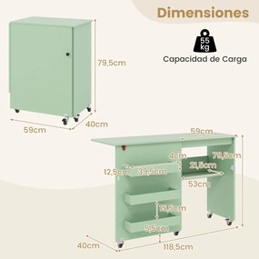 Mesa de costura dobrável 118,5 x 40 x 79,5 cm com estante e 3 compartimentos ocultos com rodas bloqueáveis Verde claro