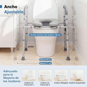 Assento elevatório para sanita para idosos e grávidas, com altura e largura ajustáveis, apoios de braços almofadados e bolso, estrutura em alumínio Pr