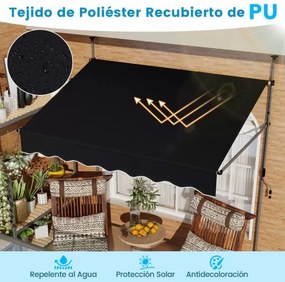 Toldo retrátil manual 2 m x 3 m Toldo exterior com altura ajustável Manivela e sem perfuração para janela Porta Terraço Preto