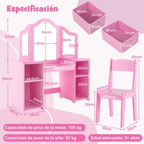 Conjunto 2 em 1 Toucador e Cadeira de Maquiagem para Crianças a partir de 3 anos com 3 Espelhos Removíveis e 4 Compartimentos de Armazenamento Rosa