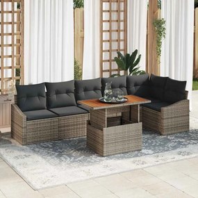vidaXL Conjunto de Jantar para Jardim com 7 Peças e Almofadas em Rattan Poliélico Cinzento e Acácia