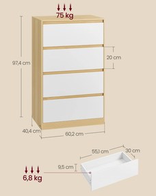 Cómoda com 4 gavetas, 60,2 x 40,4 x 97,4 cm bege carvalho e branco