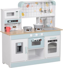 AIYAPLAY Cozinha de Madeira para Crianças com Sons Lavatório Micro-Ondas Máquina de Gelo e Acessórios 88,6x31,7x90,4 cm Branco | Aosom Portugal