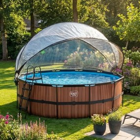 Piscina redonda Wood ø427x122cm com bomba de filtro de areia e cobertura cúpula  - castanha