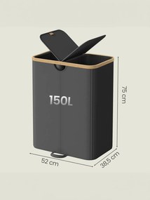 Cesto para roupa suja com 2 compartimentos 52 x 38,5 x 75 cm, sacos para roupa suja removíveis com tampa preto