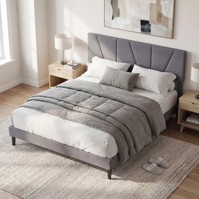 Estrutura de cama 160 x 200 cm (COLCHÃO NÃO INCLUIDO) com plataforma estofada, cabeceira geométrica ajustável em altura e ripas de madeira cinza