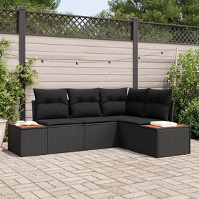 Conjunto de Sofás de 4 Peças para Jardim com Almofadas Preto Rattan Po