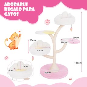 Arranhador para gatos com 2 poleiros 2 plataformas Bolas suspensas Centro de actividades Rosa