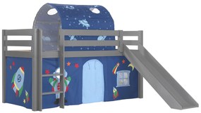 Conjunto Cama alta de Criança PINO 90 x 200 cm + estrado + escada + escorrega + tunel + cortina Astronauta Cinzenta