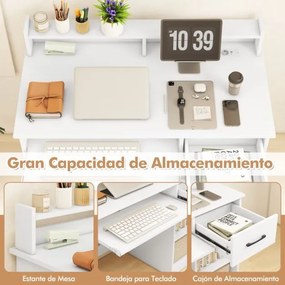 Secretária para computador 105 x 55 x 89 cm com tomadas elétricas, bandeja para teclado, gaveta e prateleira para escritório, casa ou estúdio, branca