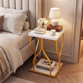 Mesa de apoio Quadrada, 39,5 x 39,5 x 59,5 cm, 2 Níveis de Arrumação imitação mármore, Dourado