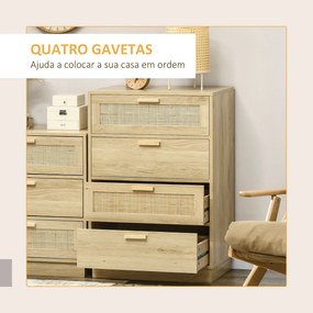 HOMCOM Cómoda com 4 Gavetas de Vime Cómoda de Madeira para Dormitório Sala de Estar Estilo Boêmio 60x38x88,5 cm Madeira