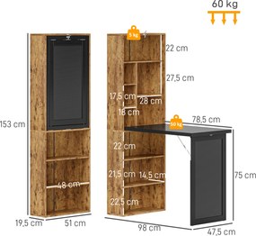 Secretária de Computador, 98 x 51 x 153 cm, Dobrável com Estante, Castanho