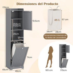 Armário de banho com prateleira ajustável e saco de roupa suja com alças longas e curtas para banheiro 40 x 40 x 170 cm cinza