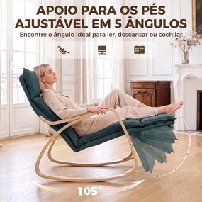 Cadeirão de Baloiço com Apoio para os Pés Ajustável em 5 Posições, Braços em Madeira e Acolchoamento Duplo, Verde Escuro
