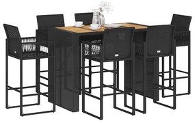 7 pcs conj. de bar jardim sem almofadões vime PE/acácia preto