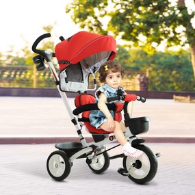 HOMCOM Triciclo de Bebé 4 em 1 para Crianças +18 Meses Assento Giratório Capota Barra Desmontável Controlo Parental Vermelho