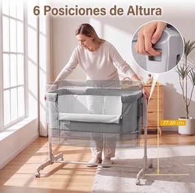 Berço para Bebés 3 em 1, 102 x 66,5 x 89 cm, Altura Ajustável em 6 Níveis, Cinzento