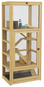 Pawhut Gaiola para Hamsters ou Pequenos Animais em Madeira 5 Níveis com Escada Cabana Balanço 54x38x131 cm Natural | Aosom Portugal