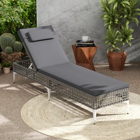 Espreguiçadeira de jardim com encosto ajustável em 6 níveis, almofada e apoio para a cabeça removíveis com capa com fecho de correr cinzenta
