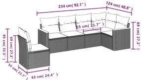 6 pcs conjunto sofás de jardim com almofadões vime cinzento