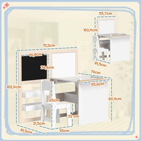 Mesa infantil com cadeira 3 em 1, com cavalete dobrável, prateleiras de arrumação e rolo de papel - 3 a 8 anos, branco
