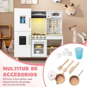 Cozinha de brincar para crianças em madeira 92 x 30 x 98 cm com luzes e sons Máquina de gelo Exaustor Quadro para crianças 3+ anos Branco
