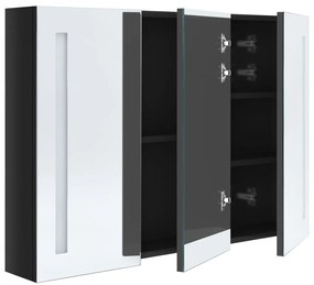 Armário espelhado casa de banho LED 89x14x62 cm preto brilhante