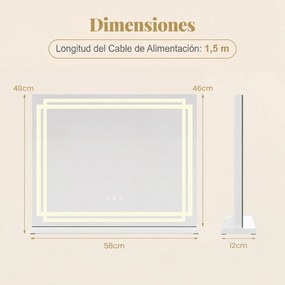 Espelho de maquilhagem com luz, 58 x 46 cm com 3 modos de iluminação regulável e controlo tátil inteligente Branco