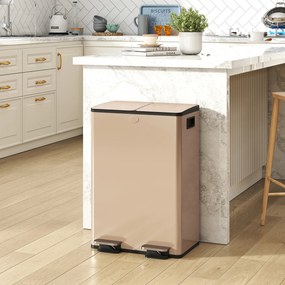Caixote do lixo de cozinha com 2 compartimentos de 2 x 28 L, aço inoxidável, tampa com fecho suave, 45,8 x 36 x 67,6 cm, dourado