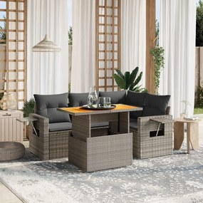5 pcs conjunto sofás de jardim c/ almofadões vime PE cinzento