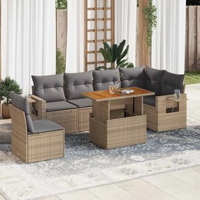 7 pcs conjunto de sofás p/ jardim com almofadões vime PE bege
