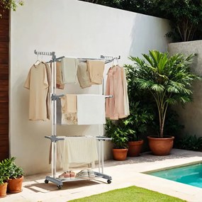 Estendal de roupa com 4 níveis, com abas dobráveis e rodas 63,5 x 128 x 173 cm branco