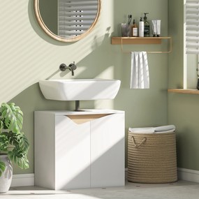 Móvel para lavatório (NÃO INCLUIDO), móvel de casa de banho com 2 portas com fecho suave, 60 x 35 x 57,9 cm, branco e madeira natural