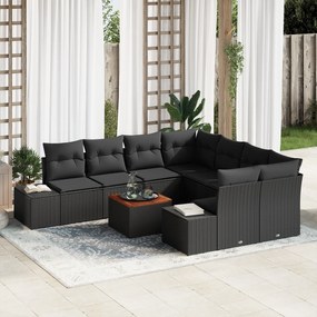 Conjunto de Sofá com 9 Peças e Almofadas Preto de Polirattan Acácia