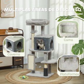 Arranhador para Gatos Grande Altura 104 cm com Plataformas Postes com Escova Bolas Suspensas e Almofadas para Arranhar Cinza